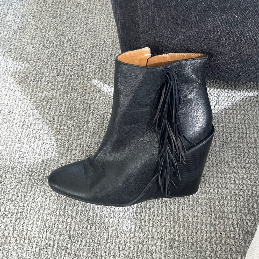 See by Chloe fringe black wedge boots